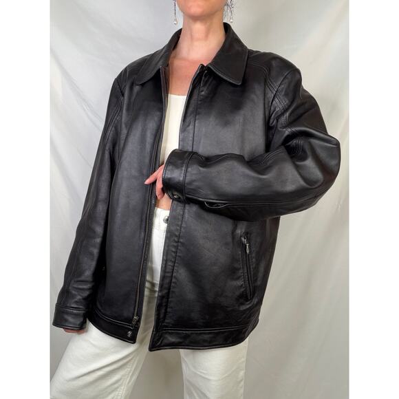 Vintage Y2K black leather bomber jacket coat oversized Merona moto genuine L - Picture 15 of 15